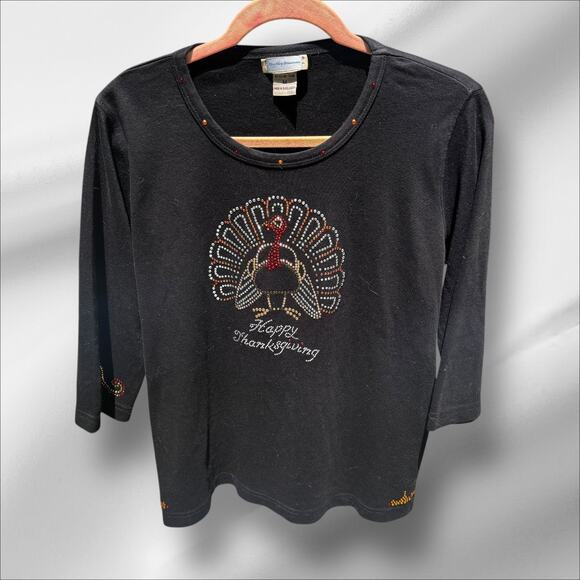 Bling Bling Artwear Rhinestone Black 3/4 Sleeve Shirt M Turkey Thanksgiving Fun - Picture 1 of 11